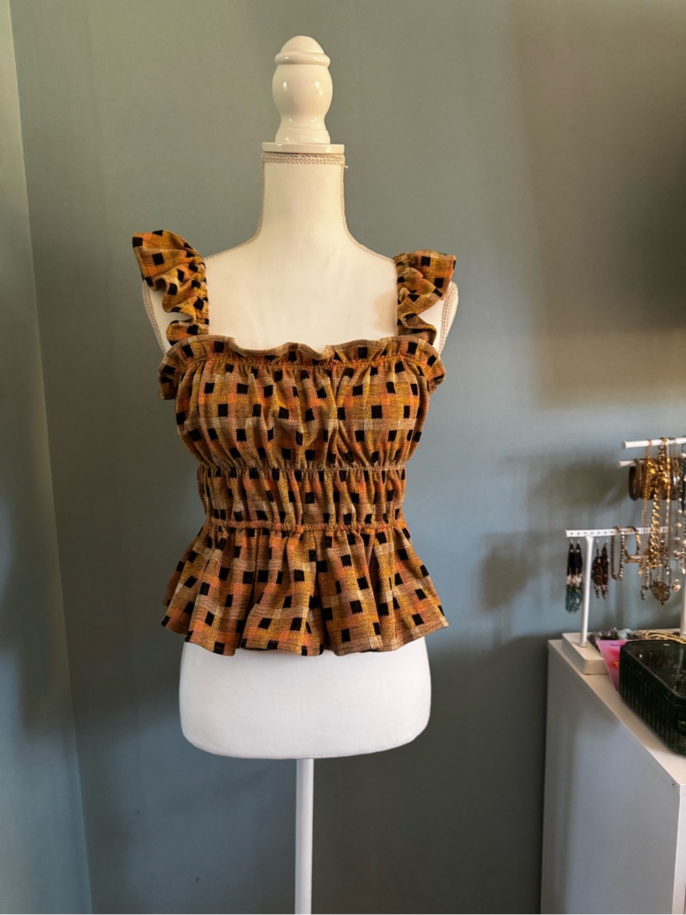 Eva Franco Mustard Yellow Black Geometric Ruffle Strap Tank